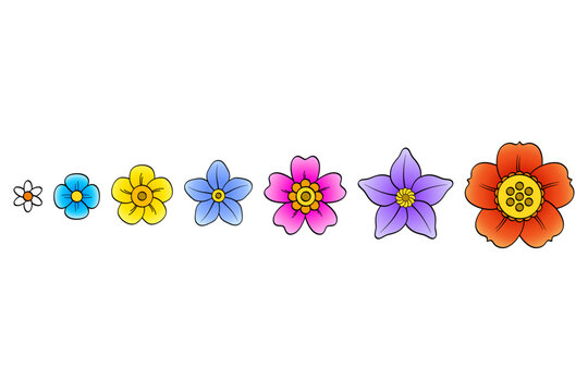 Group of colorful fantasy blossoms in a row. Set of seven flowers of different type and in bright colors. Isolated illustration on white background. Vector.