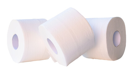 Front view of tissue paper or toilet paper rolls in stack isolated with clipping path in png file format