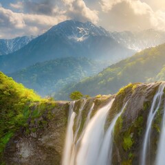 壮大な自然の中、滝が流れる
