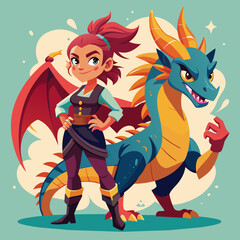Obraz na płótnie Canvas Born to Roar Girls with Grit and Dragons by Their Side - Illustrate a fierce girl standing alongside her dragon companion, ready to take on any challenge with attitude and resilience.
