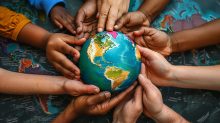 Hands of all different colors and ages joined together in a circle around a miniature globe 