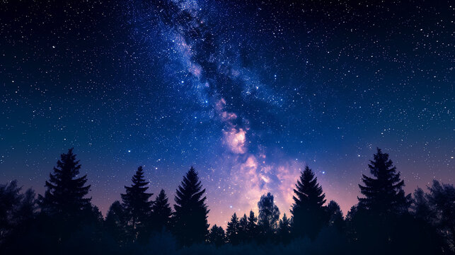 A beautiful night sky  the Milky Way and the trees shot from under 