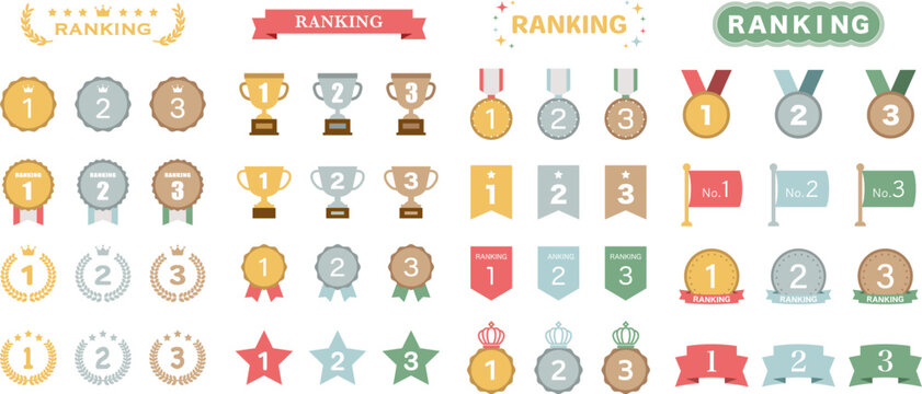 ランキング　セット　王冠　表彰　リボン　枠　月桂樹　飾り　装飾　冠　大賞　1位　メダル　旗　シンプル