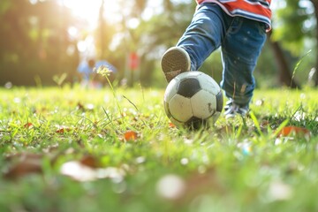 Kid playing Soccer (football) , close up feet with ball in the park.
 - obrazy, fototapety, plakaty