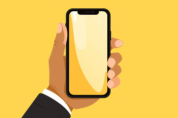 Working hand holding a cell phone, Workplace at home, Vector illustration, yellow background 