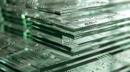 Closeup of a stack of transparent glass panels each one etched with intricate circuit patterns waiting to be sandwiched together to form the foundation of a highquality LCD