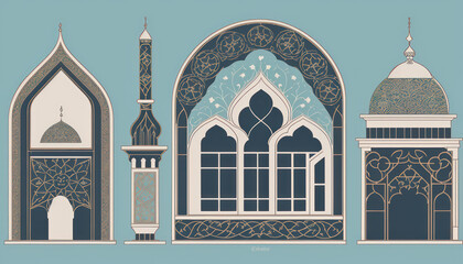 aset of different shapes and sizes of windows, decorative panels, islamic interior design, decorative ornament, ornamental edges, minarats, large motifs, art deco motifs, detailed ornaments, graphic 
