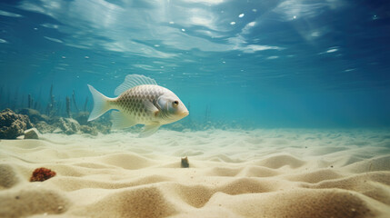Fototapeta premium fish swimming underwater on a sandy beach in shallow waters and sunlight
