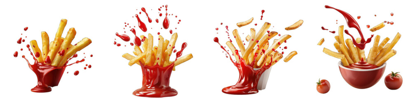 Delicious potato fries falling into splashing tomato ketchup  Hyperrealistic Highly Detailed Isolated On Transparent Background Png File