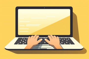 Hands working on laptop keyboard with blank monitor screen on table, Vector illustration, yellow background, computer, laptop