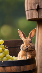 Fototapeta na wymiar A cute white bunny with long ears peeks out from a basket filled with colorful grapes in a grassy garden