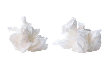 Front view set of crumpled tissue paper ball after use in toilet or restroom isolated on white background with clipping path