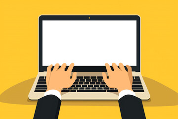 Hands working on laptop keyboard with blank monitor screen on table, Vector illustration, yellow background, computer, laptop