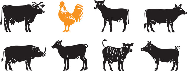 Black silhouettes of farm animals on white background