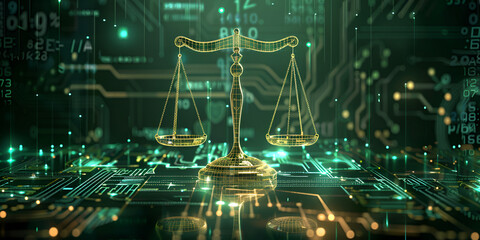 Law scales on background of data center digital background   