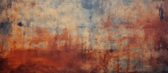 A painting featuring a color scheme of red, blue, and brown on a retro wall background. The colors blend and contrast, creating a visually striking abstract texture.
