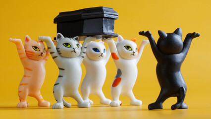 Toy dancing kittens carrying black coffin. Concept of a funeral procession dancing with a coffin....