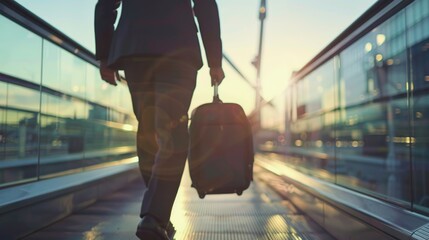 A businessman is walking with his travel bag at the airport gate, waiting for his own flight.