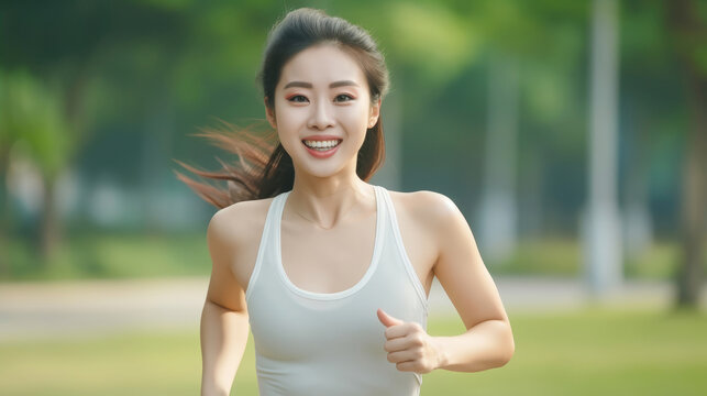 Happy Smiling young Asian woman with fresh clean skin in sportswear doing running jogging outdoor activity in the morning with golden sunlight created with Generative AI Technology