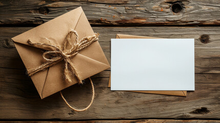 Blank Card mock up copy space and box tie a rope Bow Ribbon on old Wood Board background banner