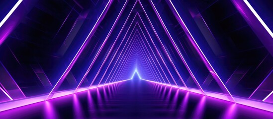 A dark room is filled with a tunnel of neon lights, casting a vibrant violet glow on the triangular arches that make up the abstract architecture.
