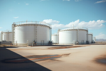 Large storage tanks are used to store raw materials in industrial facilities