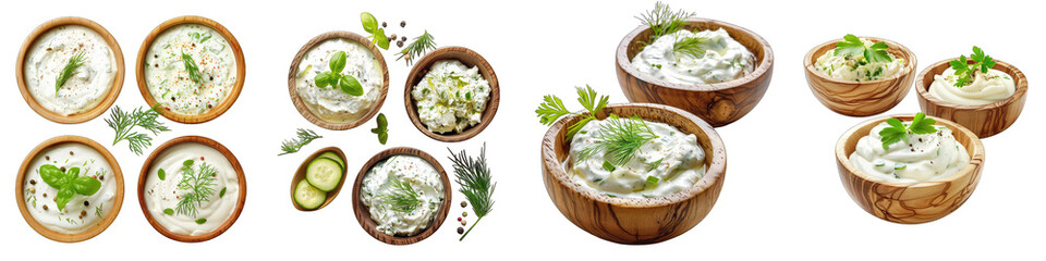 delicious tzatziki sauces in wooden bowls  Hyperrealistic Highly Detailed Isolated On Transparent Background Png File - obrazy, fototapety, plakaty