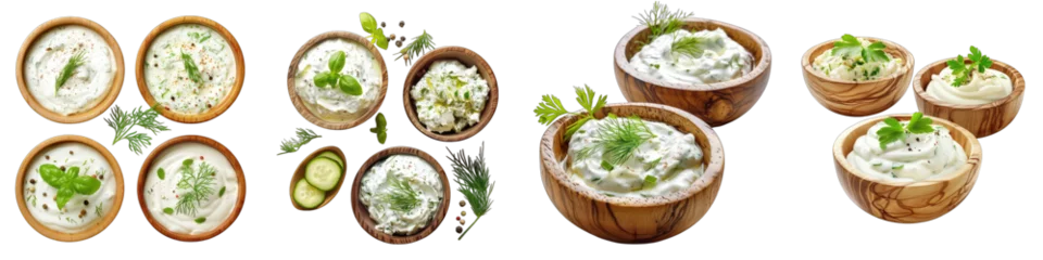 Deurstickers delicious tzatziki sauces in wooden bowls  Hyperrealistic Highly Detailed Isolated On Transparent Background Png File © Wander Taste