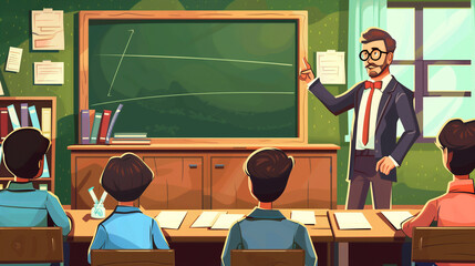 illustration of a teacher in front of the class pointing to blackboard 