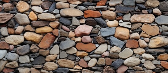 This close-up view showcases a wall constructed entirely of rocks, highlighting the intricate texture and pattern created by the stones. The rugged surface and earthy tones of the rocks give the wall