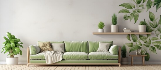 A contemporary living room featuring a green couch with accent pillows, surrounded by potted plants. The room is decorated with graphic wallpaper and a light brown wooden floor.