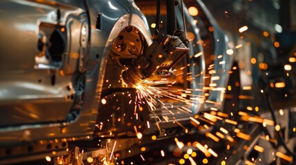 Sparks fly as welding machines fuse the cars body together.