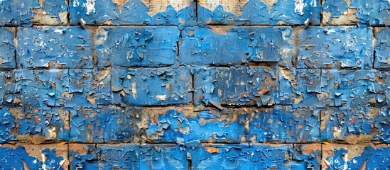 The image showcases a weathered blue brick wall with peeling paint, revealing layers of history and wear. The textures and colors create a striking visual contrast, highlighting the passage of time on