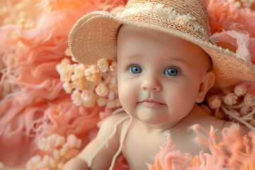 Amidst a backdrop of soft coral, the most endearing little baby dons a tiny sun hat, creating a...