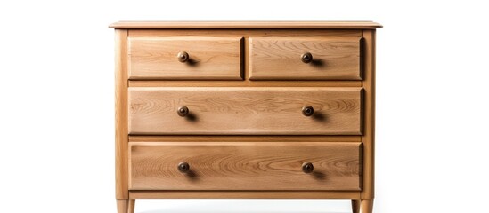 A wooden chest of drawers is prominently displayed on a plain white background. The chest features multiple drawers with metal handles and intricate woodwork.