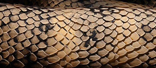 Naklejka premium This detailed close-up showcases the textured scales of the Crotalus ornatus, commonly known as the Eastern Black-tailed Rattlesnake. The intricate pattern and unique texture of the snake skin are