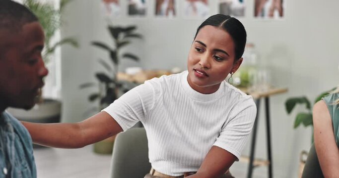 Man, woman and comfort on shoulder in group therapy for care, community or listen with support. People, together and empathy for consultation, mental health and sharing story in circle for safe space