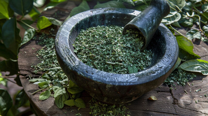 A mortar and pestle filled with crushed herbs representing the connection between the physical act of grinding and the spiritual belief that plants have healing energy. - obrazy, fototapety, plakaty