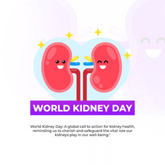 Cartoon illustration of smiling kidneys with hearts on a pink and white background. Promotes kidney health and awareness, encouraging preventive measures and healthy living