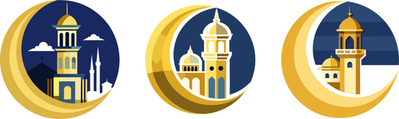 3 Sets of ramadan, Eid, Muslim gold color mosque design silhouette logo vector illustration
