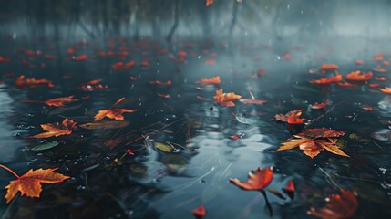Vibrant fall foliage set against the murky, dark background of a swamp produces an illusion of beauty, while the placid waterways conceal the deterioration and desolation beneath.  - obrazy, fototapety, plakaty