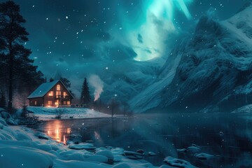 The captivating glow of the aurora borealis over a secluded house by a frozen lake, surrounded by the silent guardianship of the mountains. 8k - obrazy, fototapety, plakaty