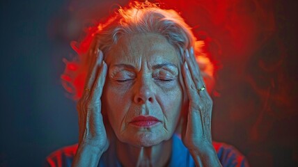 An adult woman with a migraine. An elderly woman clutching her head in agony due to a headache.