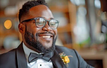 Obraz premium African man of plus size putting on a wedding suit. Excited for the wedding, happiness, and marriage, the happy groom smiles.