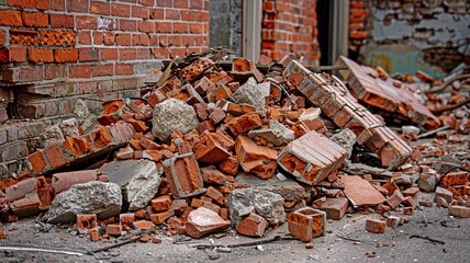 a close-up of a rubble pile adjacent to a brick wall made mostly of broken red brick. It appears that a building's destruction produced the debris.