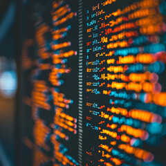 Fototapeta premium Detailed fragment of programming code on screen soft glow of data in the background - focus on development minimalist design