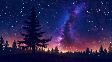 Panorama landscape with milky way  Night sky with stars and silhouette of pine tree. 