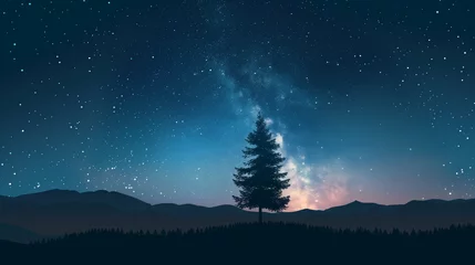 Zelfklevend Fotobehang Panorama landscape with milky way  Night sky with stars and silhouette of pine tree.  © AhmadSoleh