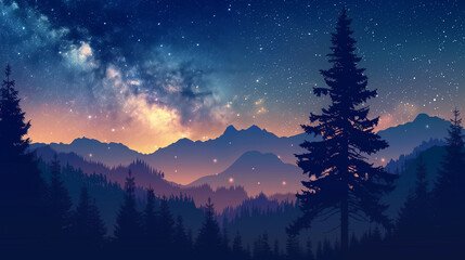 Panorama landscape with milky way  Night sky with stars and silhouette of pine tree. 