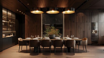Contemporary dining room interior design with an emphasis on sleek lines organic materials and statement lighting fixtures creating an inviting atmosphere for gatherings and meals